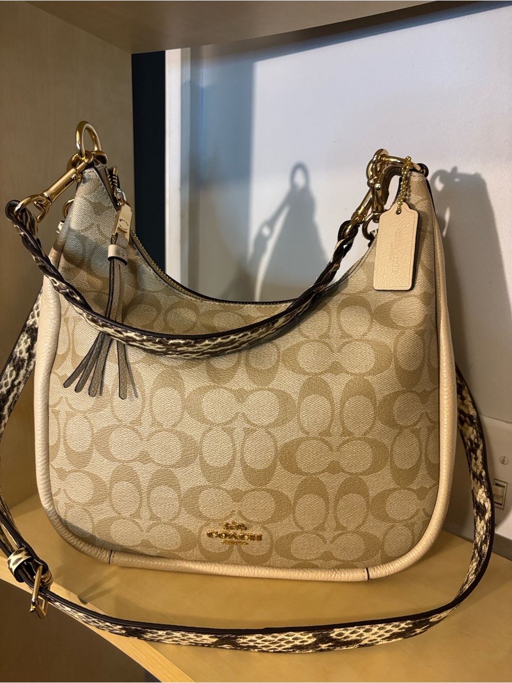 Coach Beige Signature Canvas Hobo with Braided Strap